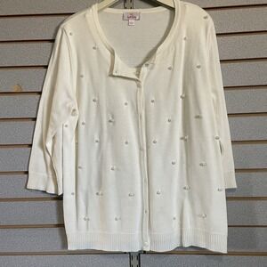 Quacker Factory Top Shirt Blouse 3/4 Sleeves Ivory L Sweater Pearl Accents